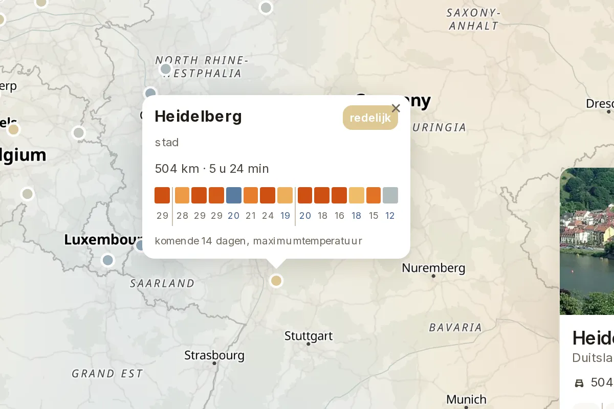 Weerscore per plek, met de rijtijd erbij