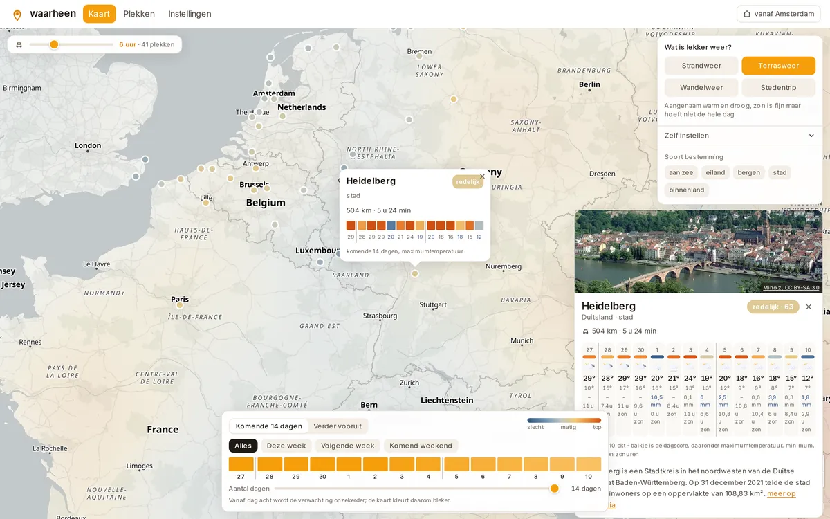 waarheen op een MacBook: de kaart met alleen plekken binnen zes uur rijden, Heidelberg geopend met de weerprofielen ernaast